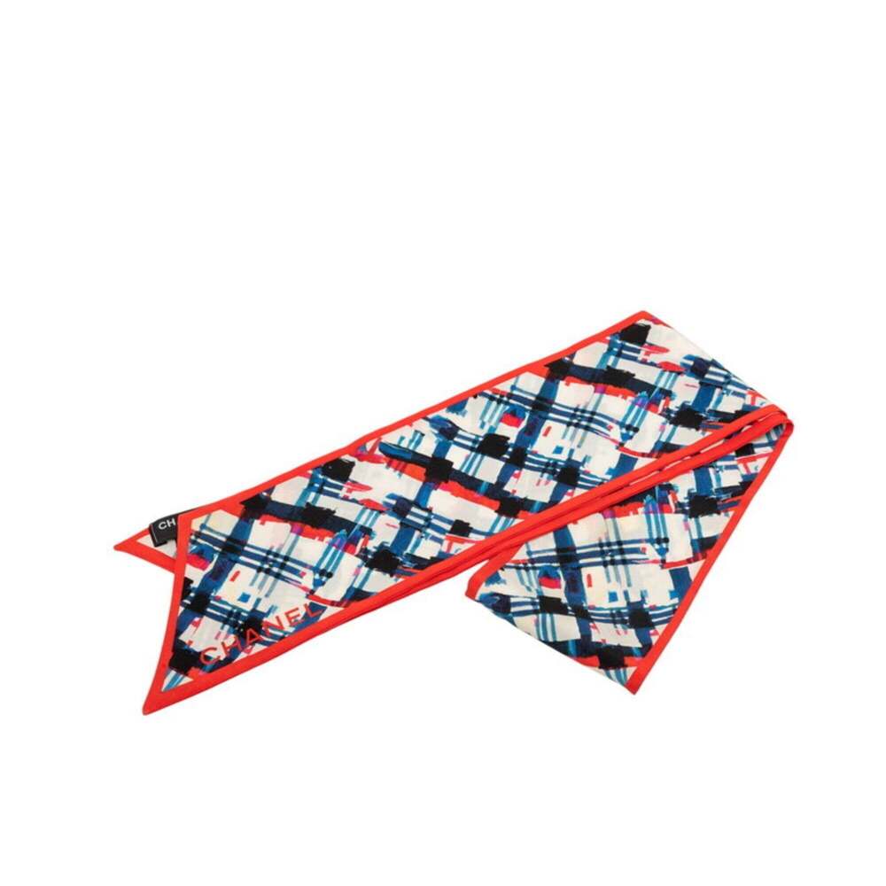 Chanel Paint Touch Check Scarf Muffler Red Multicolor Silk Women's CHANEL